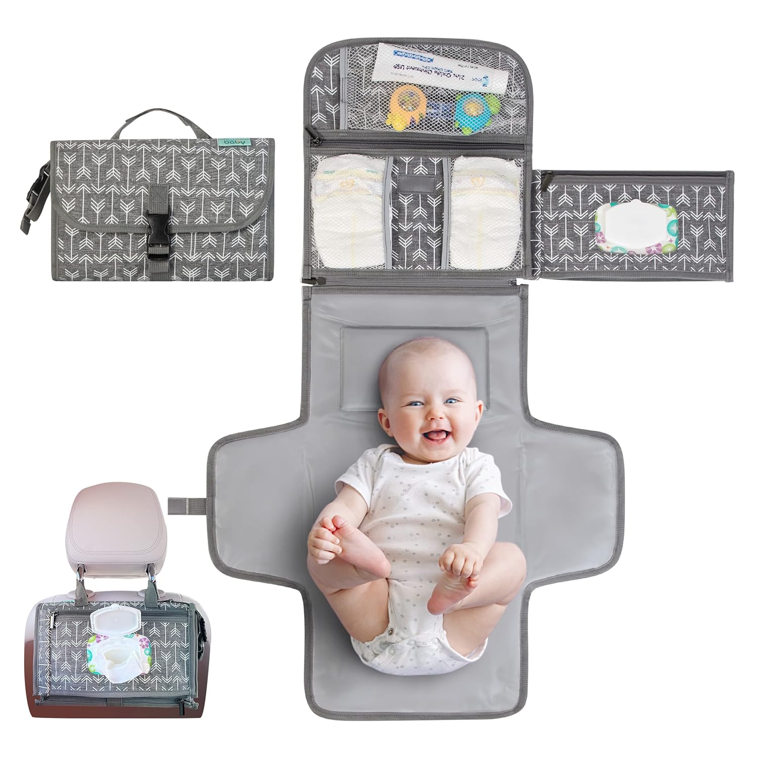 A compact, foldable changing station being packed into a diaper bag